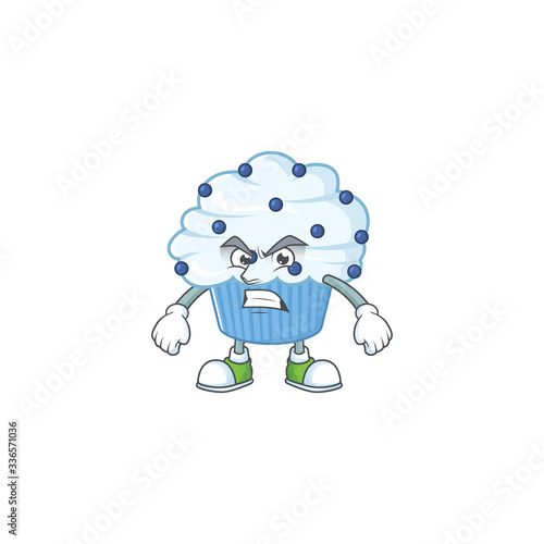 Mascot design style of vanilla blue cupcake with angry face