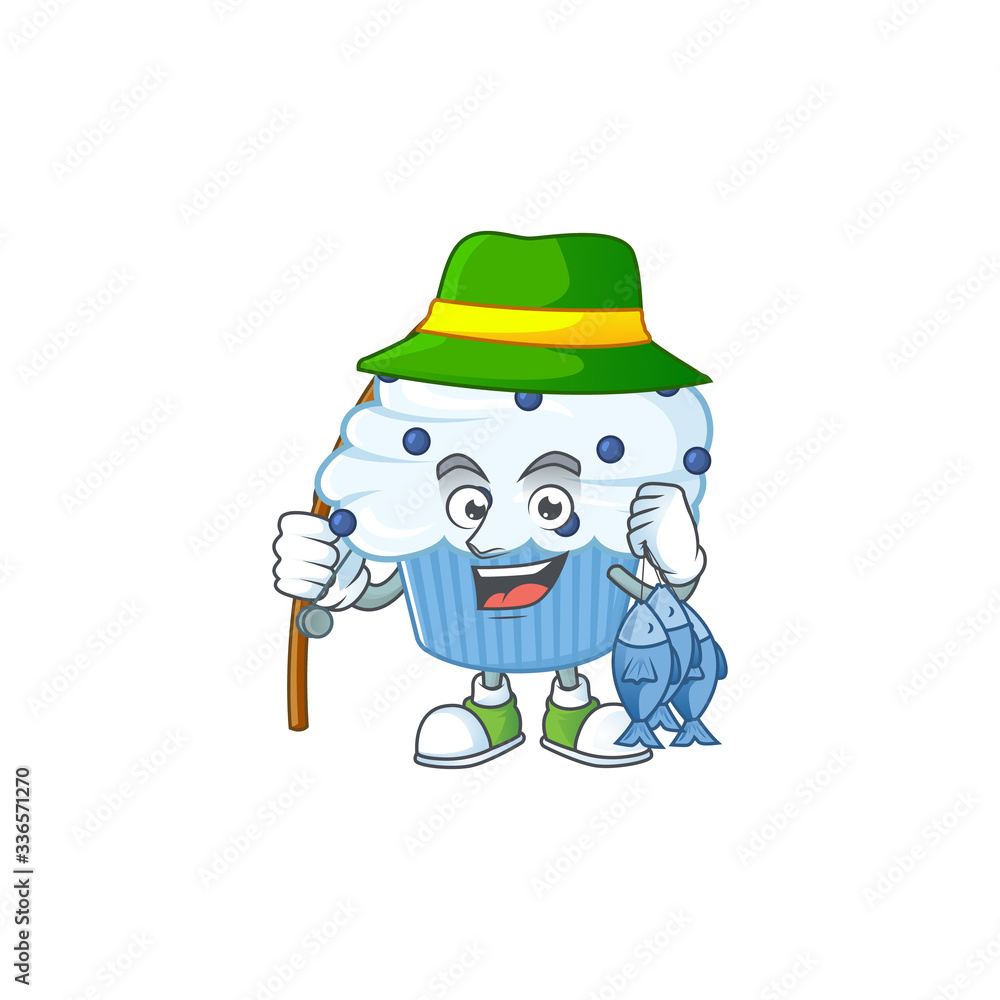 A Picture of vanilla blue cupcake fisher mascot design catch a fish