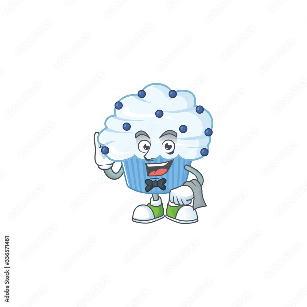 A vanilla blue cupcake waiter cartoon character ready to serve A vanilla blue cupcake waiter cartoon character ready to serve