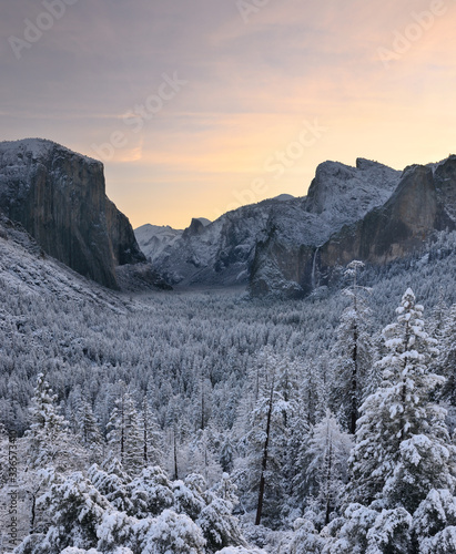 Картината върху платно Tunnel View sunrise vista of El Capitan Half Dome Cathedral Spires and Bridalvei