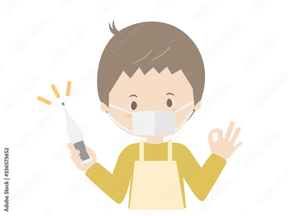 A male clerk posing OK with a thermometer A male clerk posing OK with a thermometer