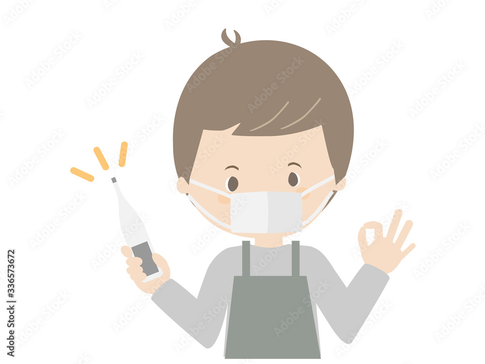 A male clerk posing OK with a thermometer A male clerk posing OK with a thermometer