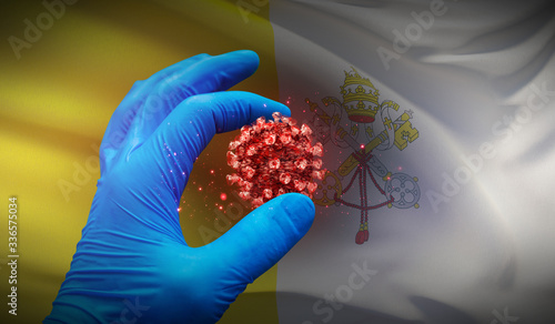 A hand in a medical glove holds a molecule, medical science concept, on background flag of Vatican City. 3D illustration. photo