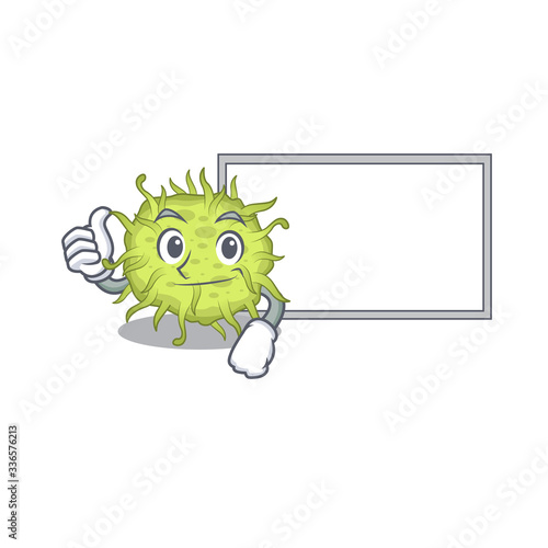 Humorous bacteria coccus cartoon design Thumbs up bring a white board