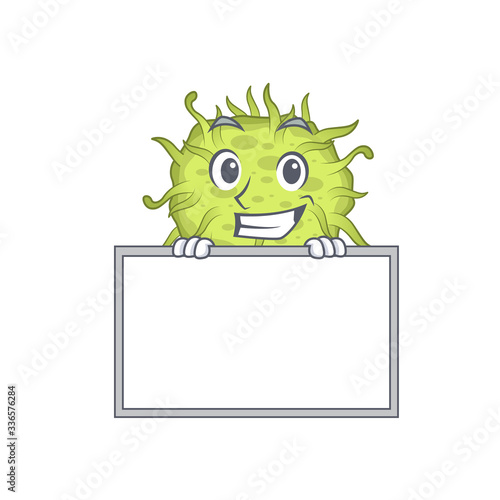 Smiling bacteria coccus cartoon design style has a board