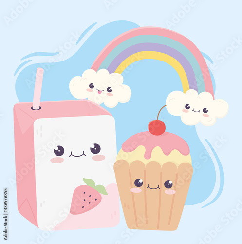 cute box juice and cupcake rainbow kawaii cartoon character