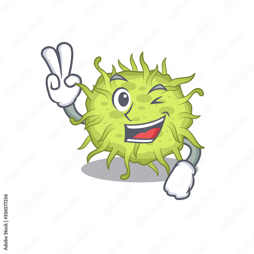Happy bacteria coccus cartoon design concept with two fingers Happy bacteria coccus cartoon design concept with two fingers