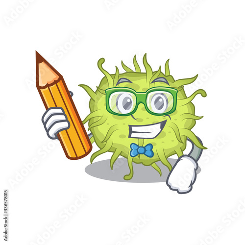 A brainy student bacteria coccus cartoon character with pencil and glasses