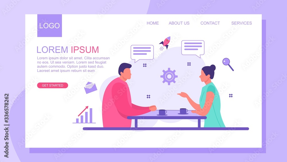 Website or landing page of Interview, Negotiation. Cartoon Man and Woman Characters Having Business Conversation.vector illustration Website or landing page of Interview, Negotiation. Cartoon Man and Woman Characters Having Business Conversation.vector illustration