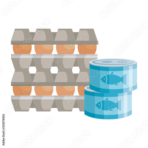 set eggs in package cardboard with can tuna foods vector illustration design