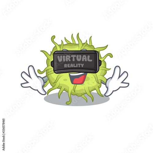 Cartoon design style of bacteria coccus with modern Virtual Reality headset