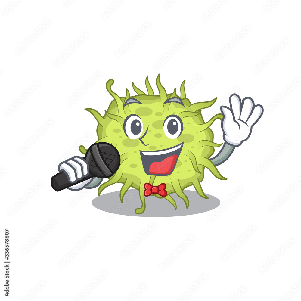 Talented singer of bacteria coccus cartoon character holding a microphone Talented singer of bacteria coccus cartoon character holding a microphone