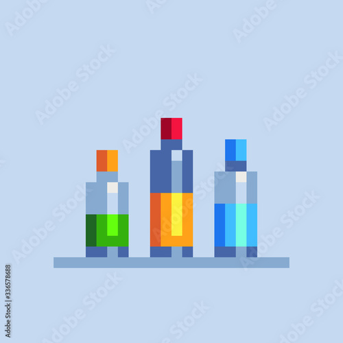 Parfumerie flasks, glass bottle of liquid pixel art 1-bit icon. Design for stamp, logo, sticker, mobile app, website. 8-bit sprite. Isolated vector illustration. 