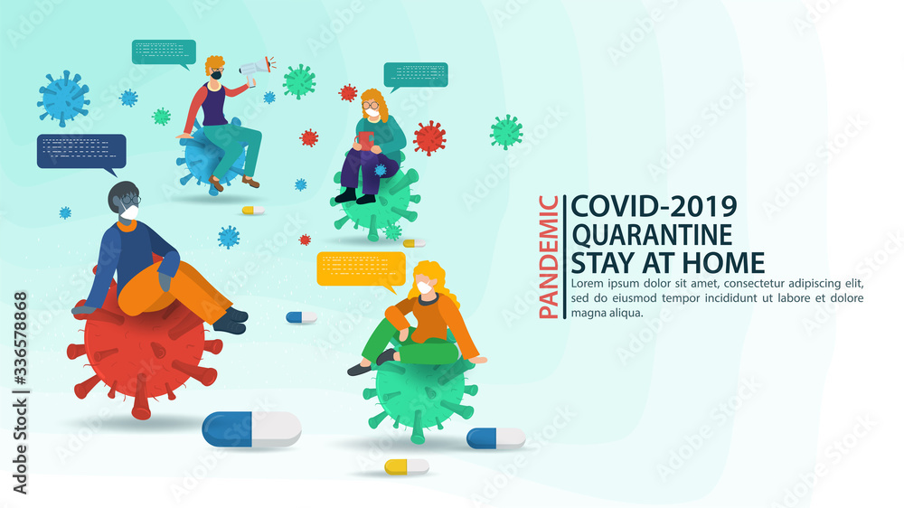 banner a lot of small masked people sit on A large covid-2019 virus molecule 2019-nCoV and communicate with each other flat vector illustration