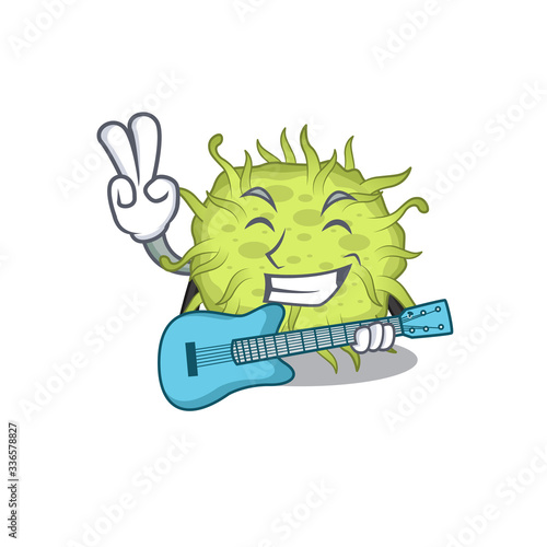 Talented musician of bacteria coccus cartoon design playing a guitar