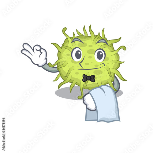 A cartoon character of bacteria coccus waiter working in the restaurant