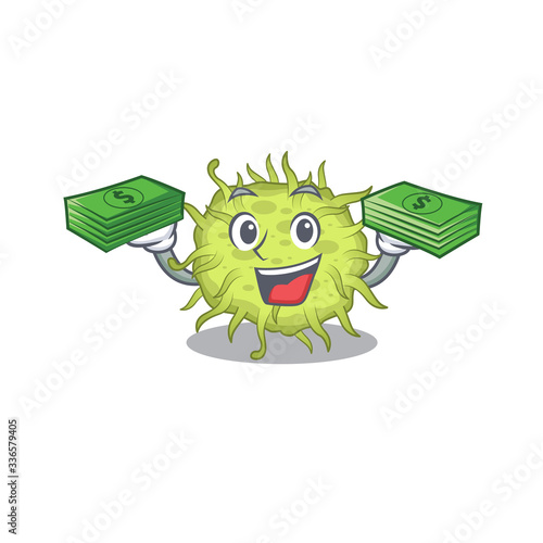 A wealthy bacteria coccus cartoon character having money on hands