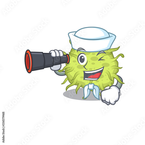 A cartoon icon of bacteria coccus Sailor with binocular