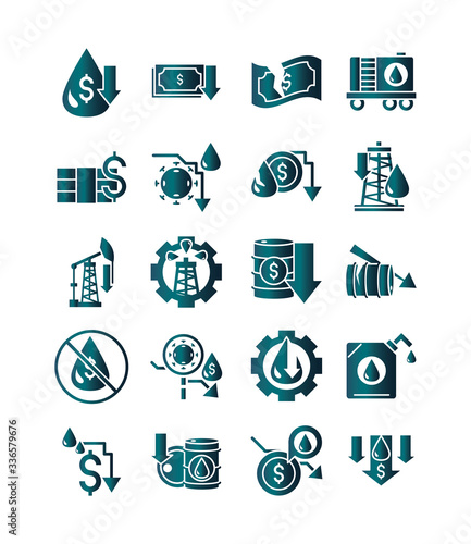 oil price crash crisis economy business financial icons set gradient style