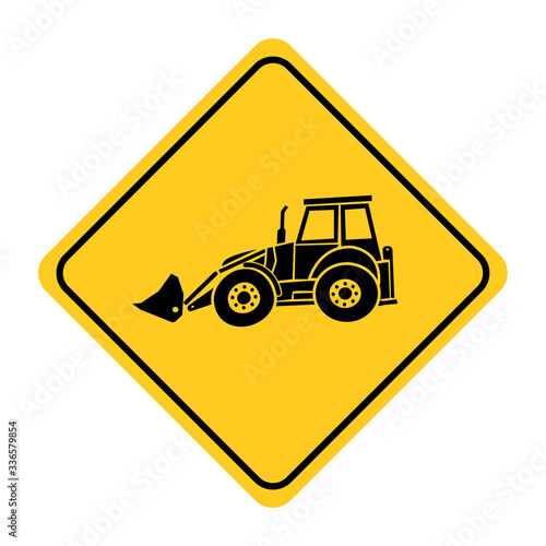 PrintExcavator heavy machinery road sign drawing by illustration.Excavator heavy machinery road sign on yellow background
