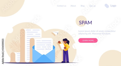 Spam or unwanted email. An envelope with a large paper document or an advertisement. People stands near an open envelope. Modern flat vector illustration.