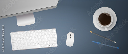 Flat lay of office workplace. Desktop top. Computer monitor, keyboard, computer mouse, cup of coffee, pen, pencil. Realistic vector illustration.