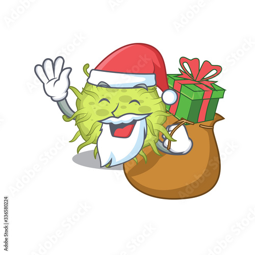 Cartoon design of bacteria coccus Santa with Christmas gift