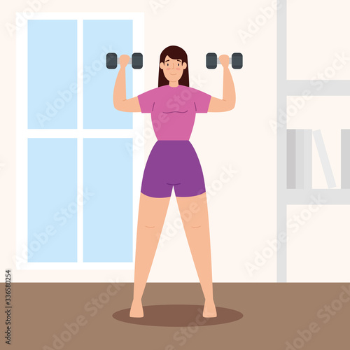 woman lifting weights in the house vector illustration design
