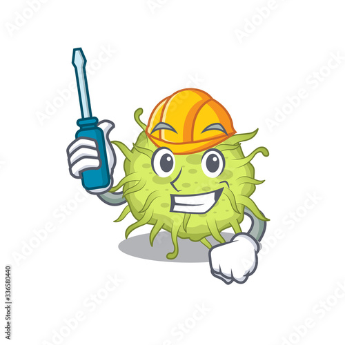 cartoon character of bacteria coccus worked as an automotive