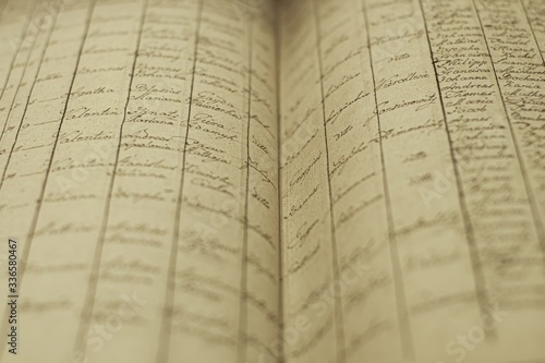 Slika na platnu Soft focus of an old book of local records with list of residents' names and inf