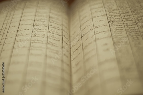 Soft focus of an old book of local records with list of residents' names and information