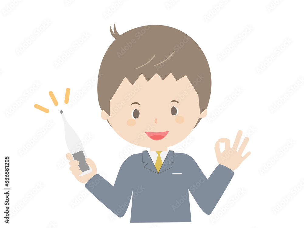 A male office worker posing OK with a thermometer. A male office worker posing OK with a thermometer.