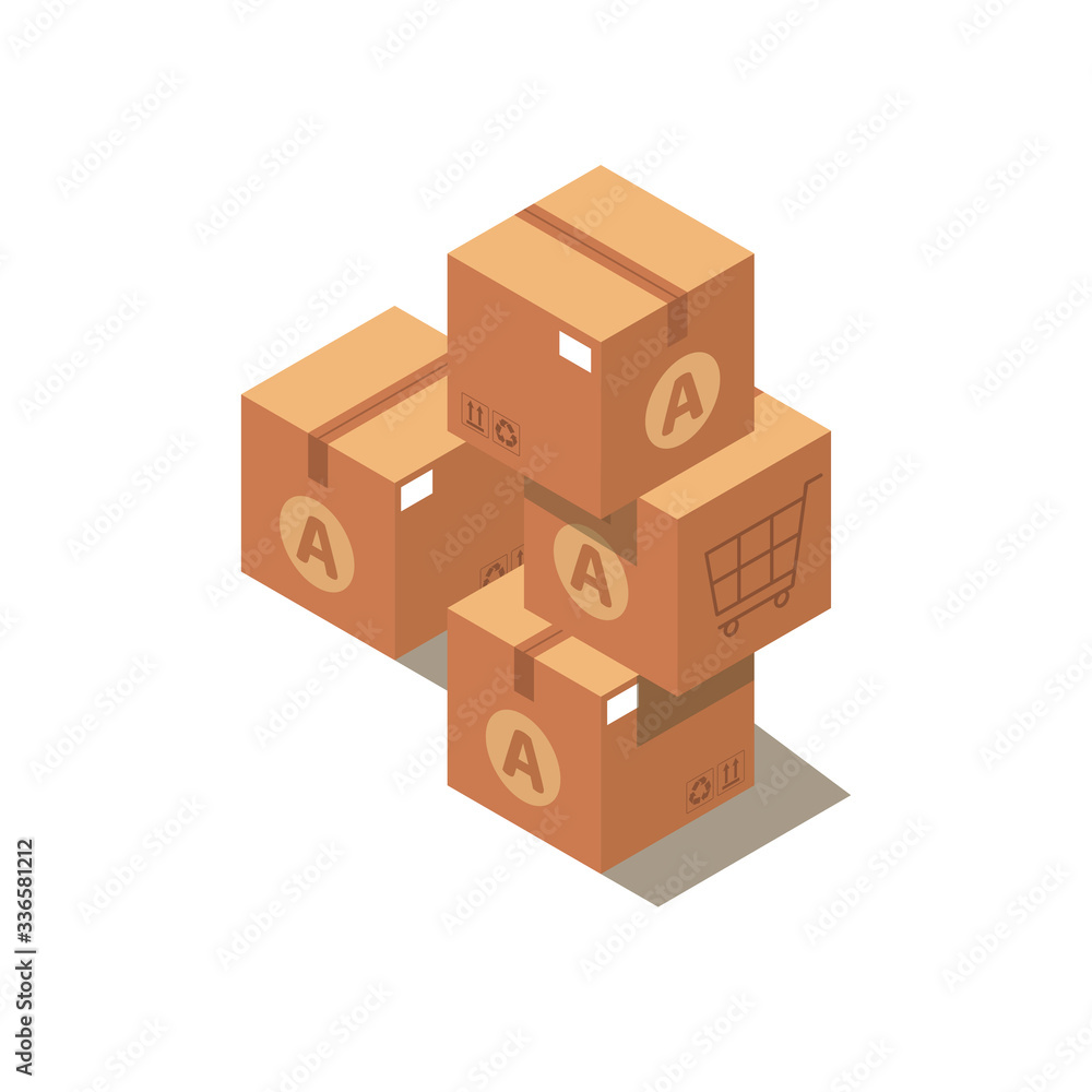 Obraz premium Pile of stacked sealed cardboard boxes. Flat style isolated design on white background. Vector illustration