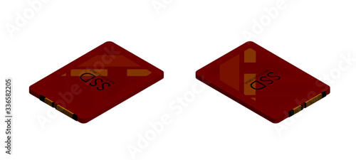 isometric sata high-speed ssd disk in red colors. Isolated vector on white background