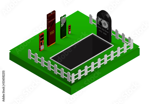 obsolescence of electronics. SSD is burying the HDD. Isometric illustration
