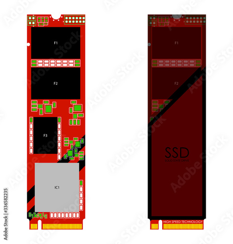 M2 PCI high-speed ssd disk in red-black colors. Isolated vector on white background