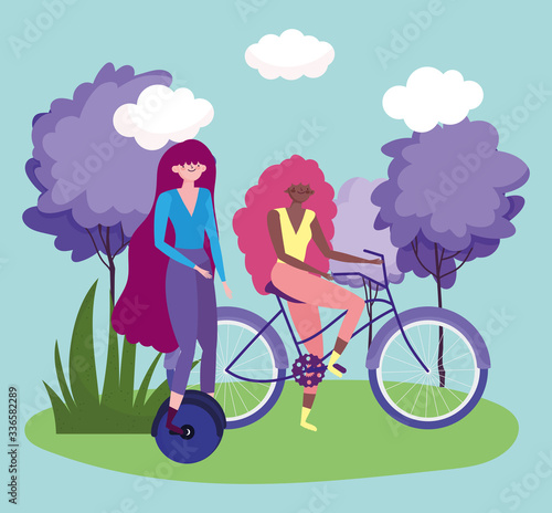 eco friendly transport, women with unicycle and bicycle cartoon characters