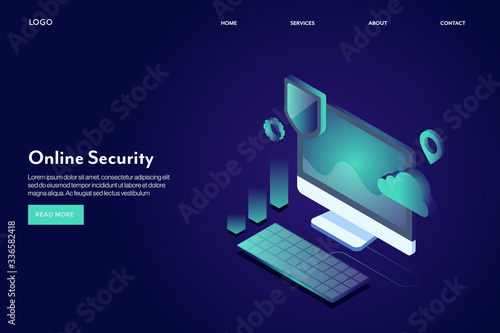 Online security, isometric design infographic with neon style effect. Data protection, cyber security, protect your data, shield concept. Internet and technology web banner.