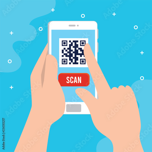 hands holding qr code inside smartphone design of technology scan information business price communication barcode digital and data theme Vector illustration