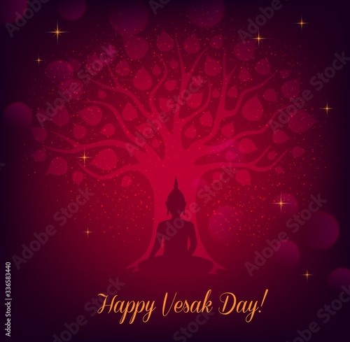 Buddha and bodhi tree, Vesak Day vector greeting card. Buddhism religion and Thai buddhist monk statue of meditating Buddha under holy bodhi tree with golden leaves and sparkles
