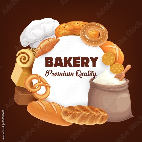 Bakery shop poster with bread and baked sweets, wheat white toasts and rye black loaf, bagels and buns. Baker cooking hat toque, flour bag and dough, cereal pie, croissant, baguette and cracker cookie