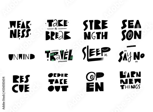 Scandinavian typoraphy lettering phrases set. Black color. Vector illustration. Isolated on white background.