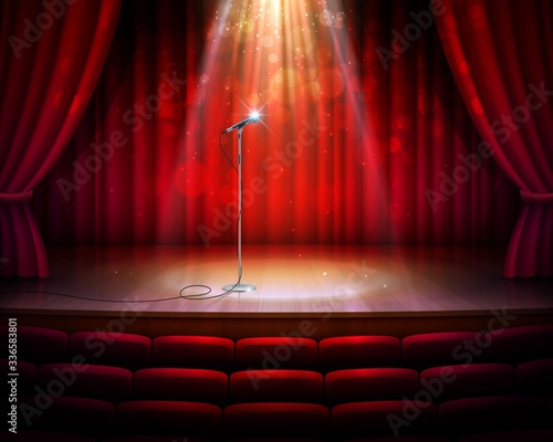 Stage with red curtains, microphone and spotlight, vector realistic background. Theater, cabaret show or opera music concert scene stage with seats, red drapery curtains and golden light from above