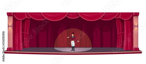 Stage with red curtains, actor show man in spotlight, vector background. Theater, opera and play stage scene with drapery curtains and projector light, premiere, cabaret show or presentation ceremony