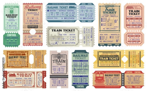 Railway tickets, vector train travel passes, vintage cardboard and carton paper tickets. USA American railway train tickets to central station destination city, seat number and control stamps photo
