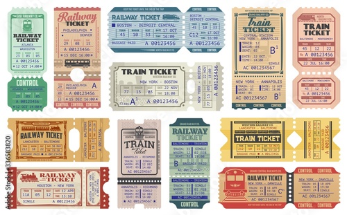 Railway tickets, vector train travel passes, vintage cardboard and carton paper tickets. USA American railway train tickets to central station destination city, seat number and control stamps