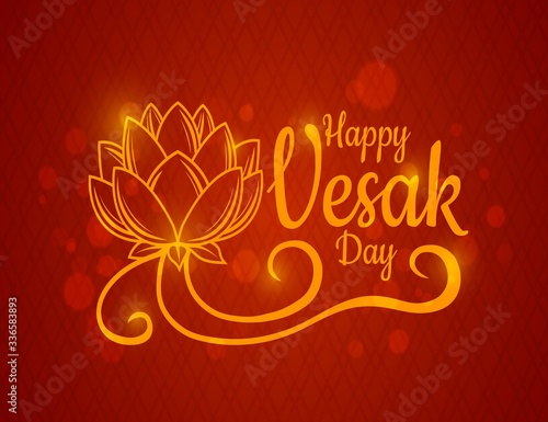 Happy Vesak Day holiday. Glow vector lotus flower ornament on red background with flare effect. Buddhism religion traditional holiday. Vesak Day Buddha enlightenment celebration