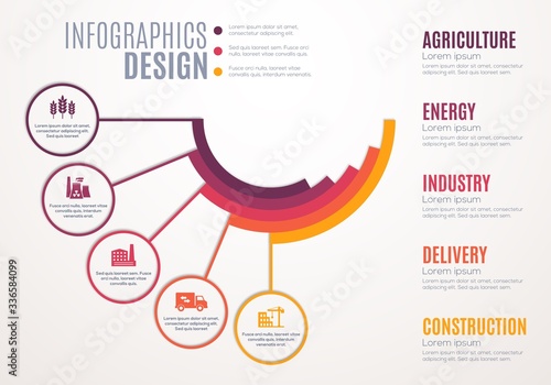 Infographics vector template of business data presentation. Step chart or graph layout with five options of agriculture, delivery, construction and energy industries, process diagram with flat icons