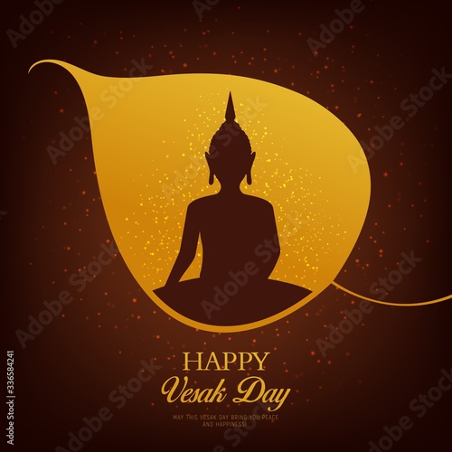 Vesak Day holiday Buddha in vector frame of Buddhism religion holy bodhi tree leaf with glowing lights and sparkles. Buddha birthday commemoration and Asian religious festival greeting card design