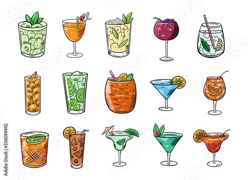 Alcohol cocktails big set. Cartoon flat colorful vector illustration. Isolated on white background.